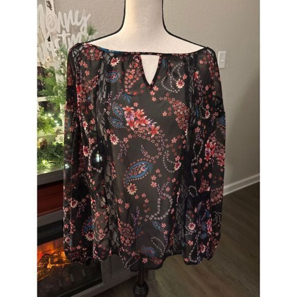 Boutique sheer‎ women's 1x black floral NWT blouse long sleeve